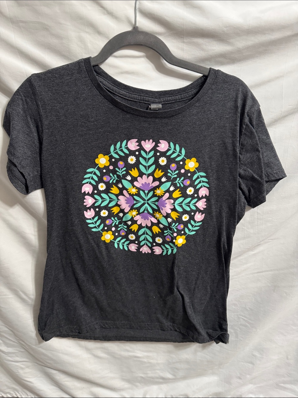 Charcoal Short-Sleeve Tee with Pink, Yellow & Teal Floral Medallion